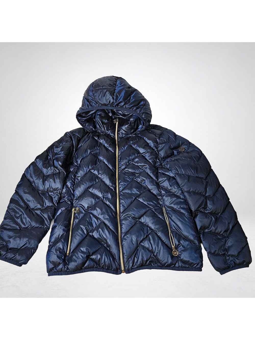 Michael Kors Down Puffer Jacket Hooded Navy Shiny Chevron Quilted Fits Medium